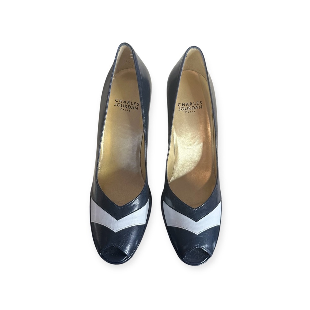 Charles Jourdan Open Toe Heels - Navy Blue and White